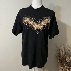 VTG All Sport Single Stitch T-shirt American Flag  Star Spangled Banner Black L